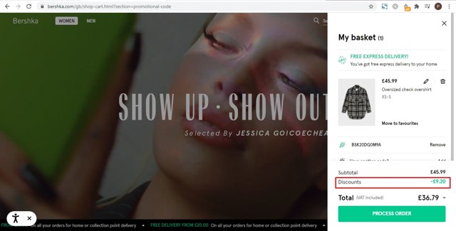 Bershka checkout page showing Bershka promo code box | Screenshot taken by SimplyCodes community member on Nov 11, 2020