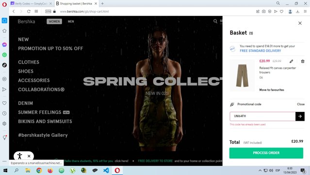 Bershka checkout page showing Bershka promo code box | Screenshot taken by SimplyCodes community member on Apr 13, 2023