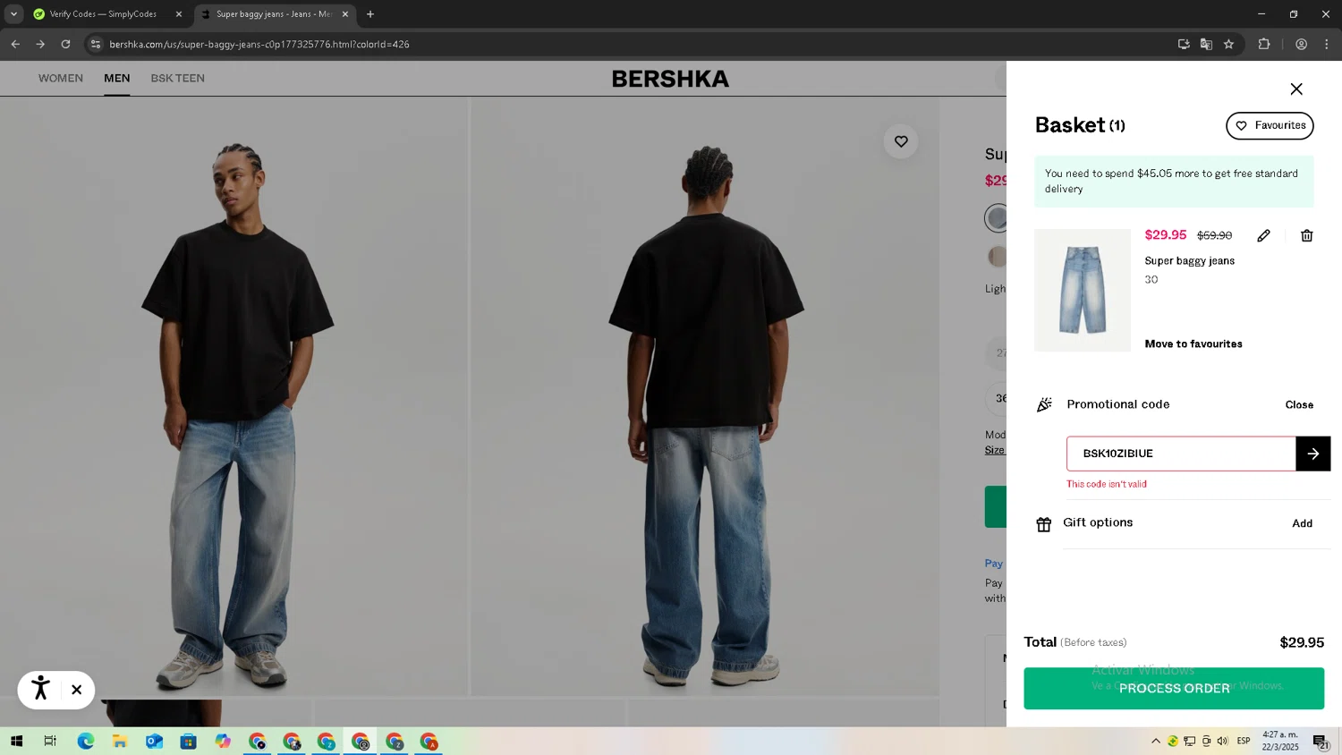 Bershka promo code screenshot showing code BSK10ZIBIUE applied at Bershka checkout page. Uploaded by SimplyCodes community member TreasureTitan9744 on Mar 22, 2025