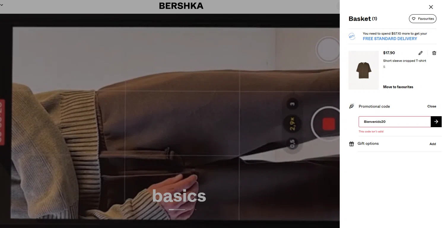 Bershka promo code screenshot showing code Bienvenido20 applied at Bershka checkout page. Uploaded by SimplyCodes community member D_9278 on Feb 20, 2025