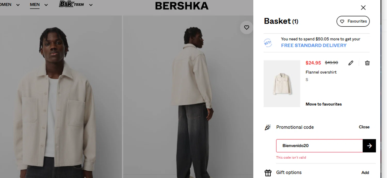 Bershka promo code screenshot showing code Bienvenido20 applied at Bershka checkout page. Uploaded by SimplyCodes community member OsbelSanchez23 on Jan 26, 2025