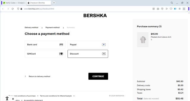 Bershka checkout page showing Bershka promo code box | Screenshot taken by SimplyCodes community member on May 16, 2024