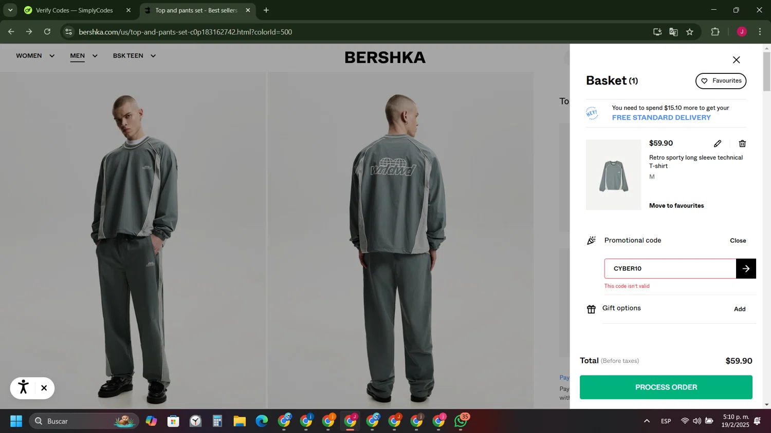 Bershka promo code screenshot showing code CYBER10 applied at Bershka checkout page. Uploaded by SimplyCodes community member FrugalFinder745 on Feb 19, 2025
