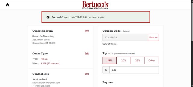 Bertucci's checkout page showing Bertucci's coupon code box | Screenshot taken by SimplyCodes community member on Aug 7, 2025