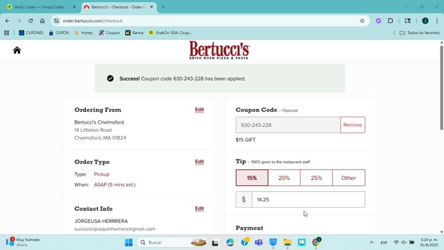 Bertucci's checkout page showing Bertucci's coupon code box | Screenshot taken by SimplyCodes community member on Aug 31, 2025