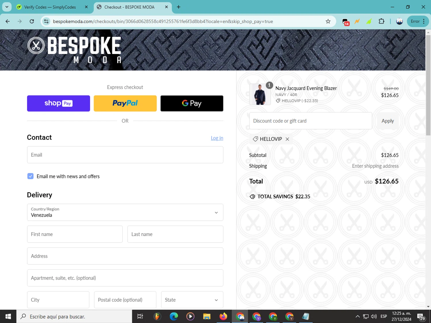 Bespoke promo code screenshot showing code hellovip applied at Bespoke checkout page. Uploaded by SimplyCodes community member Soyvictor on Dec 27, 2024