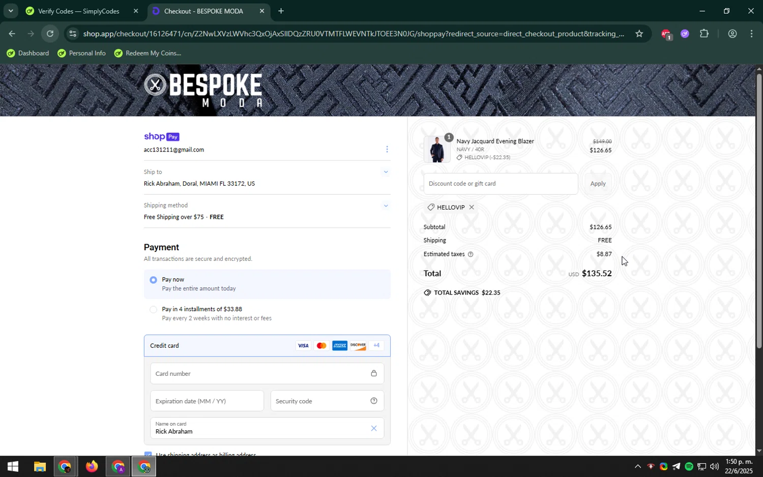 Bespoke promo code screenshot showing code hellovip applied at Bespoke checkout page. Uploaded by SimplyCodes community member LHaunter on Jun 22, 2025