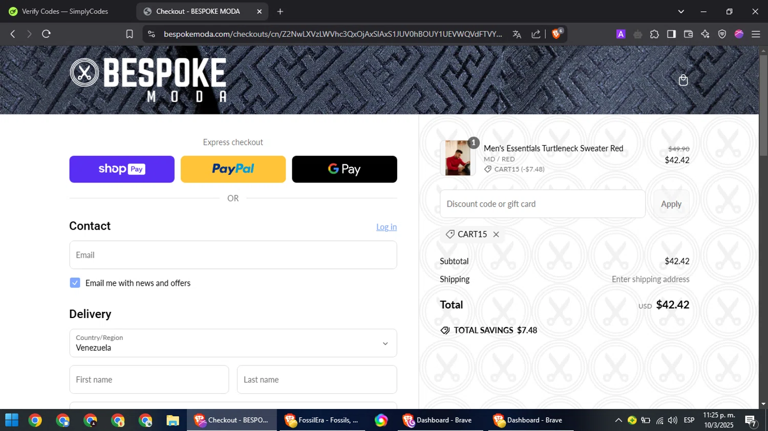 Bespoke promo code screenshot showing code CART15 applied at Bespoke checkout page. Uploaded by SimplyCodes community member Cynoxx on Mar 11, 2025