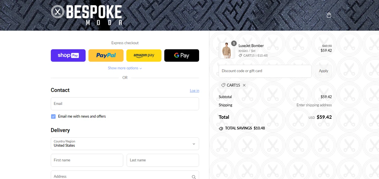 Bespoke promo code screenshot showing code CART15 applied at Bespoke checkout page. Uploaded by SimplyCodes community member CashAce9852 on Mar 9, 2025