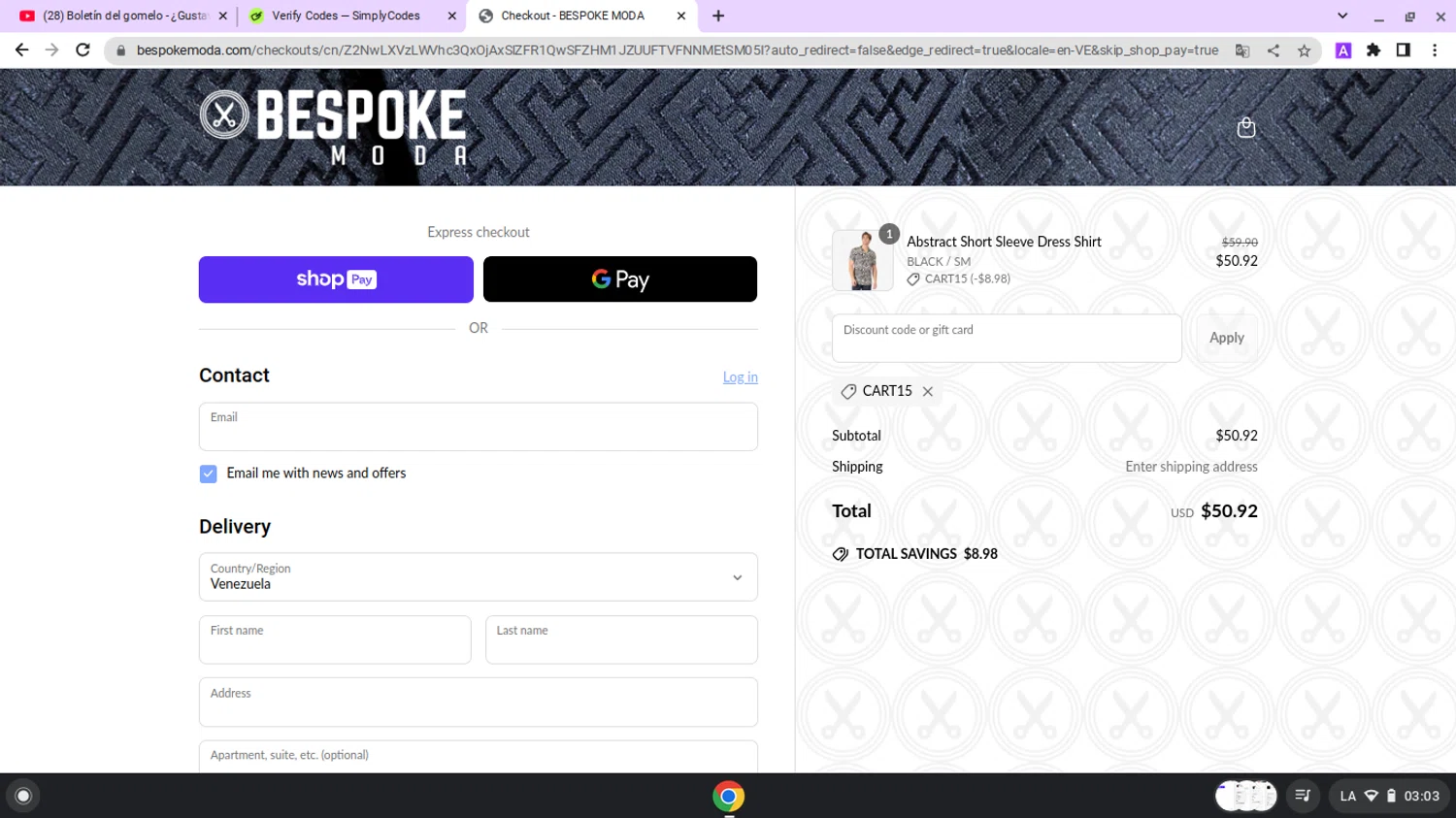 Bespoke promo code screenshot showing code CART15 applied at Bespoke checkout page. Uploaded by SimplyCodes community member lapampita on May 17, 2025