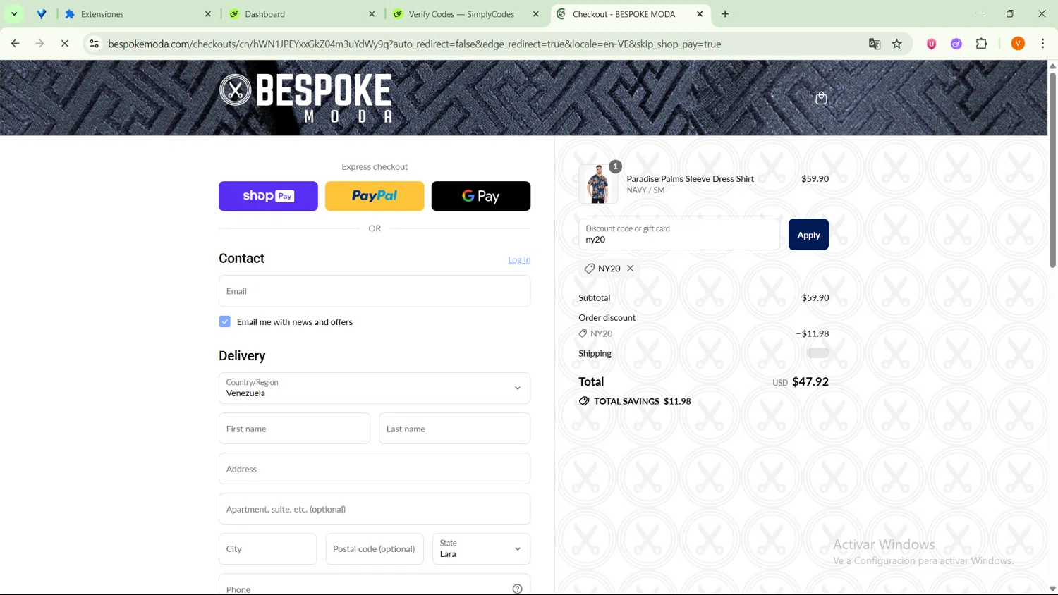 Bespoke promo code screenshot showing code ny20 applied at Bespoke checkout page. Uploaded by SimplyCodes community member MightyPro2893 on Aug 1, 2025