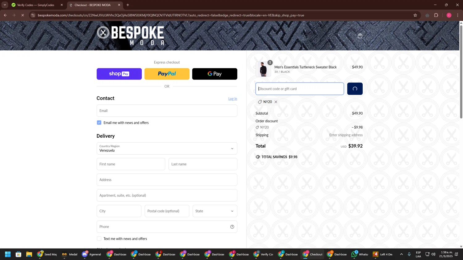 Bespoke promo code screenshot showing code ny20 applied at Bespoke checkout page. Uploaded by SimplyCodes community member CouponSage7331 on Mar 21, 2025
