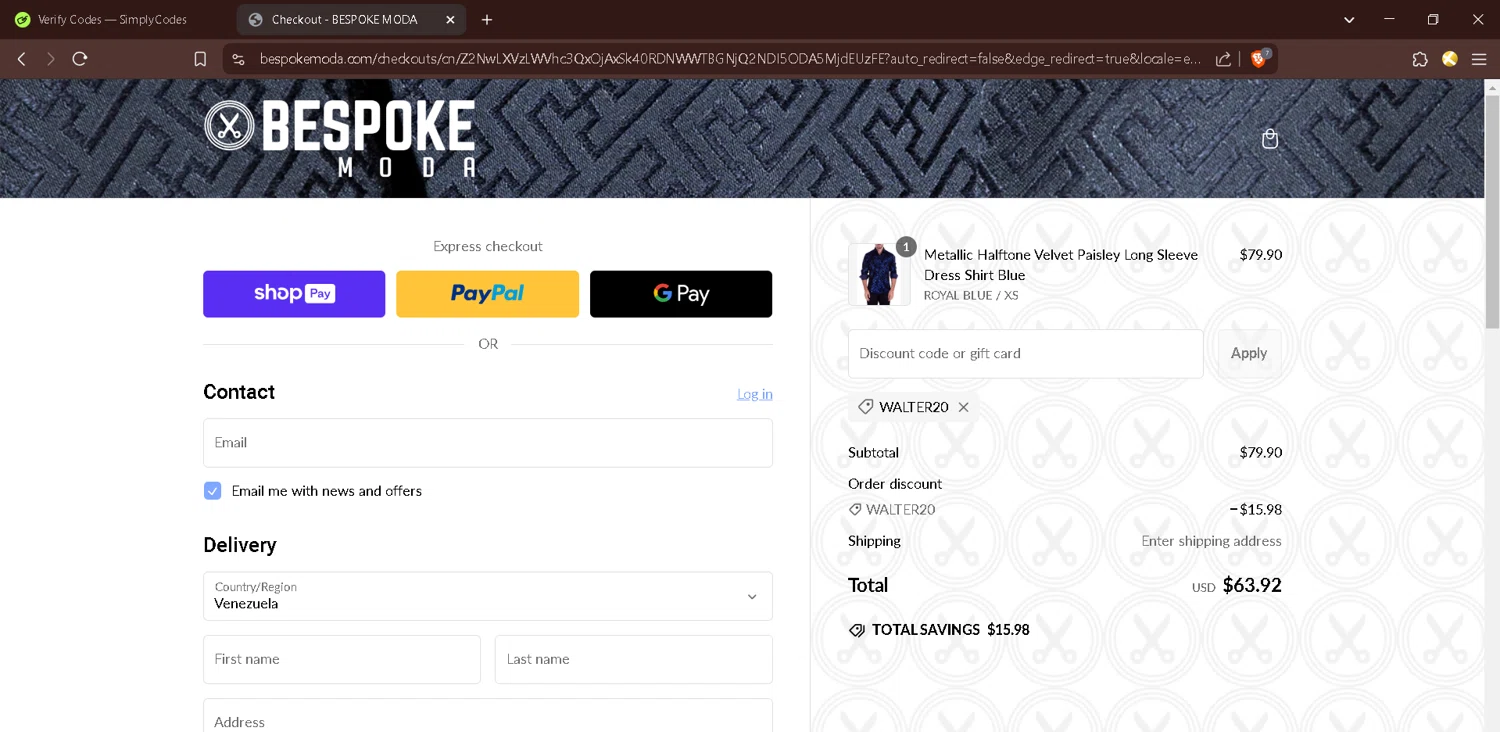 Bespoke promo code screenshot showing code WALTER20 applied at Bespoke checkout page. Uploaded by SimplyCodes community member BrilliantChaser4706 on Feb 27, 2025