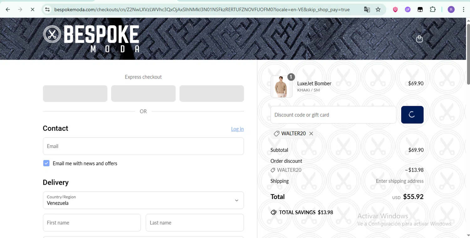 Bespoke promo code screenshot showing code WALTER20 applied at Bespoke checkout page. Uploaded by SimplyCodes community member ShrewdTiger1887 on Jun 13, 2025