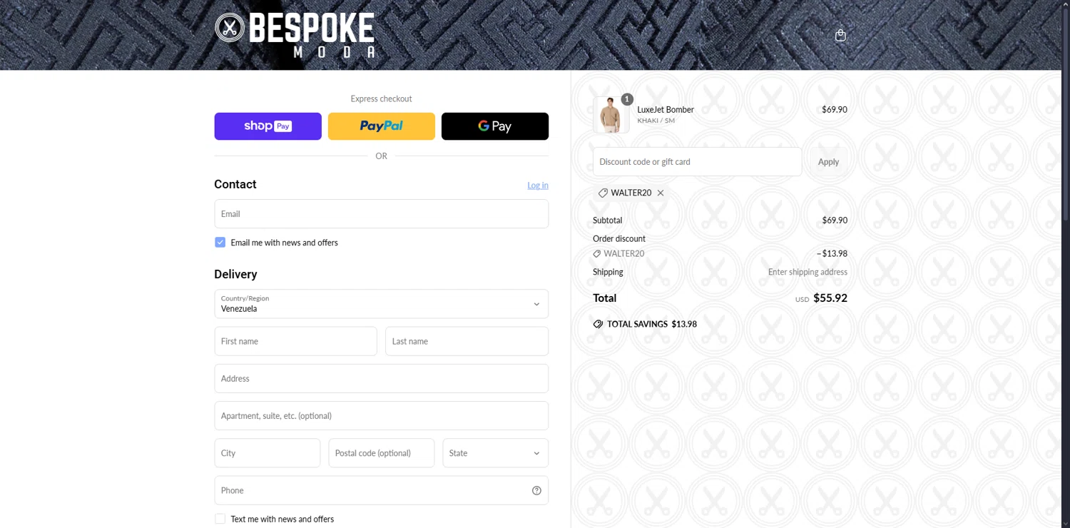Bespoke promo code screenshot showing code WALTER20 applied at Bespoke checkout page. Uploaded by SimplyCodes community member aquilesbailo on Mar 18, 2025