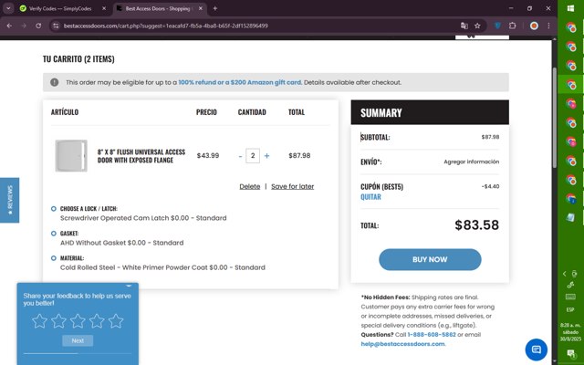 Best Access Doors checkout page showing Best Access Doors coupon code box | Screenshot taken by SimplyCodes community member on Aug 30, 2025