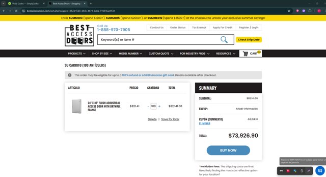 Best Access Doors checkout page showing Best Access Doors coupon code box | Screenshot taken by SimplyCodes community member on Jul 21, 2025