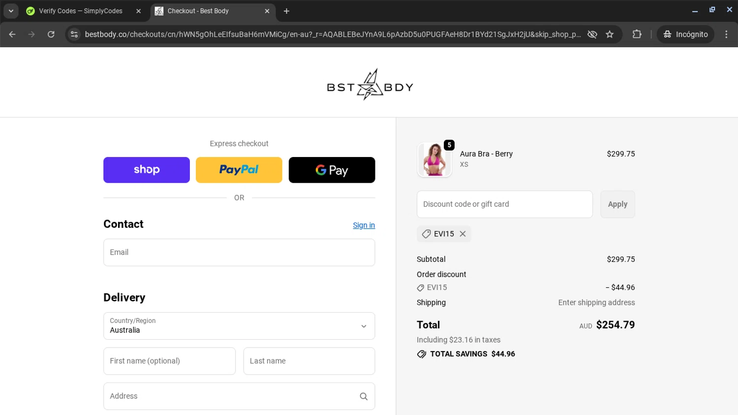 BEST BODY checkout page showing BEST BODY promo code box | Screenshot taken by SimplyCodes community member on Nov 25, 2025