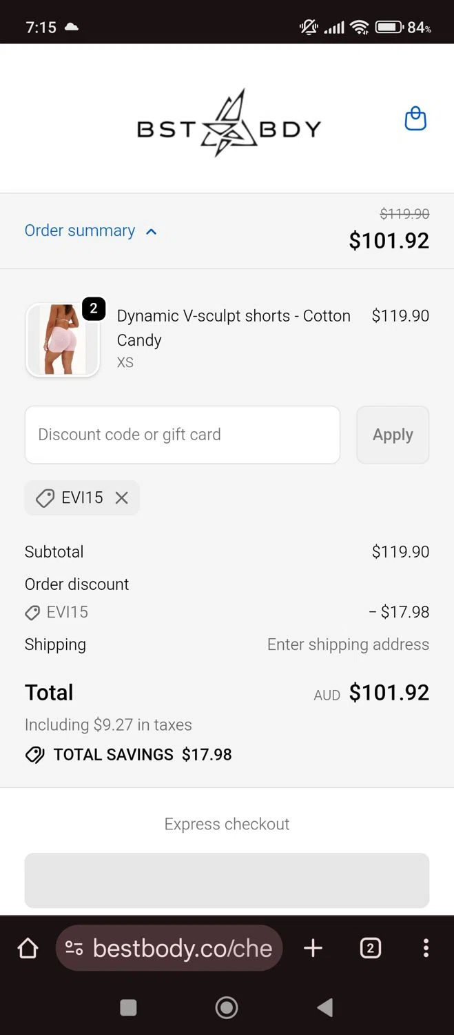 BEST BODY checkout page showing BEST BODY promo code box | Screenshot taken by SimplyCodes community member on Oct 18, 2025