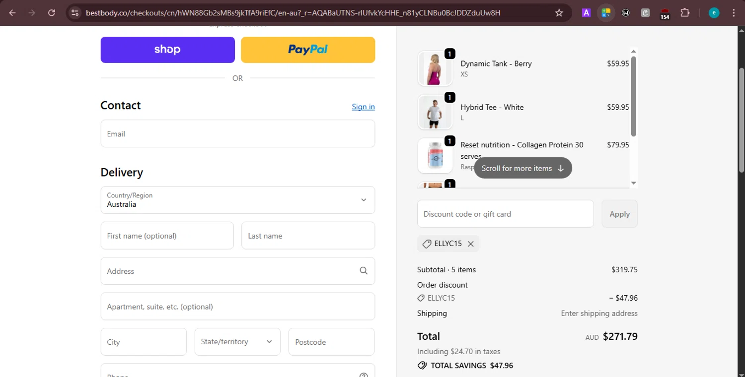 BEST BODY promo code screenshot showing code ELLYC15 applied at BEST BODY checkout page. Uploaded by SimplyCodes community member PrincessCoupon on Jan 28, 2026