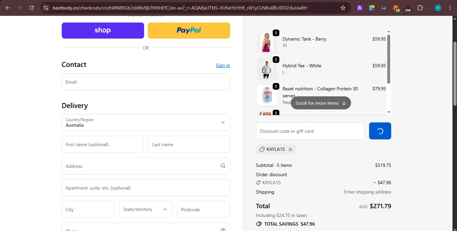 BEST BODY promo code screenshot showing code KAYLA15 applied at BEST BODY checkout page. Uploaded by SimplyCodes community member PrincessCoupon on Jan 28, 2026