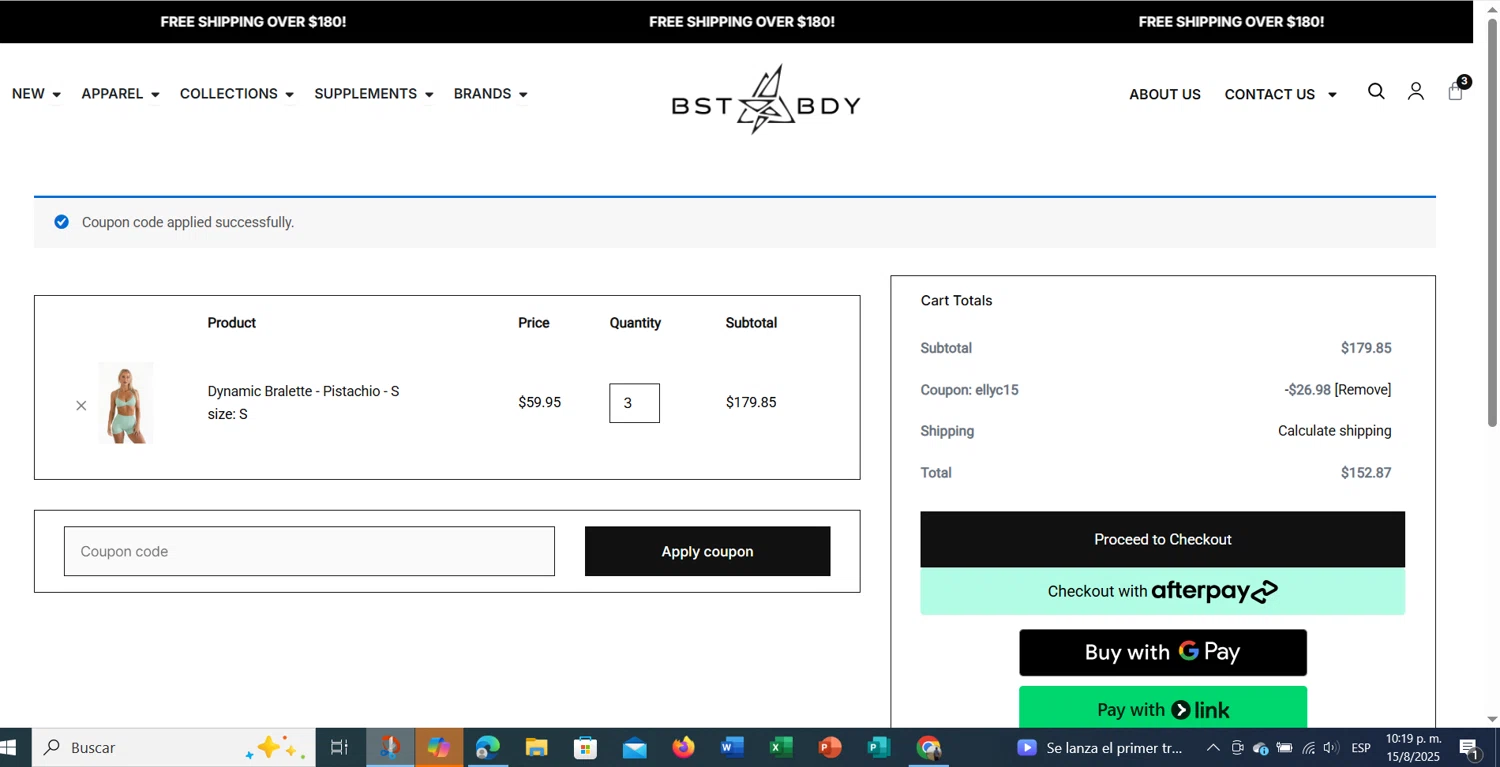 BEST BODY promo code screenshot showing code ELLYC15 applied at BEST BODY checkout page. Uploaded by SimplyCodes community member cristianmendoza on Aug 16, 2025