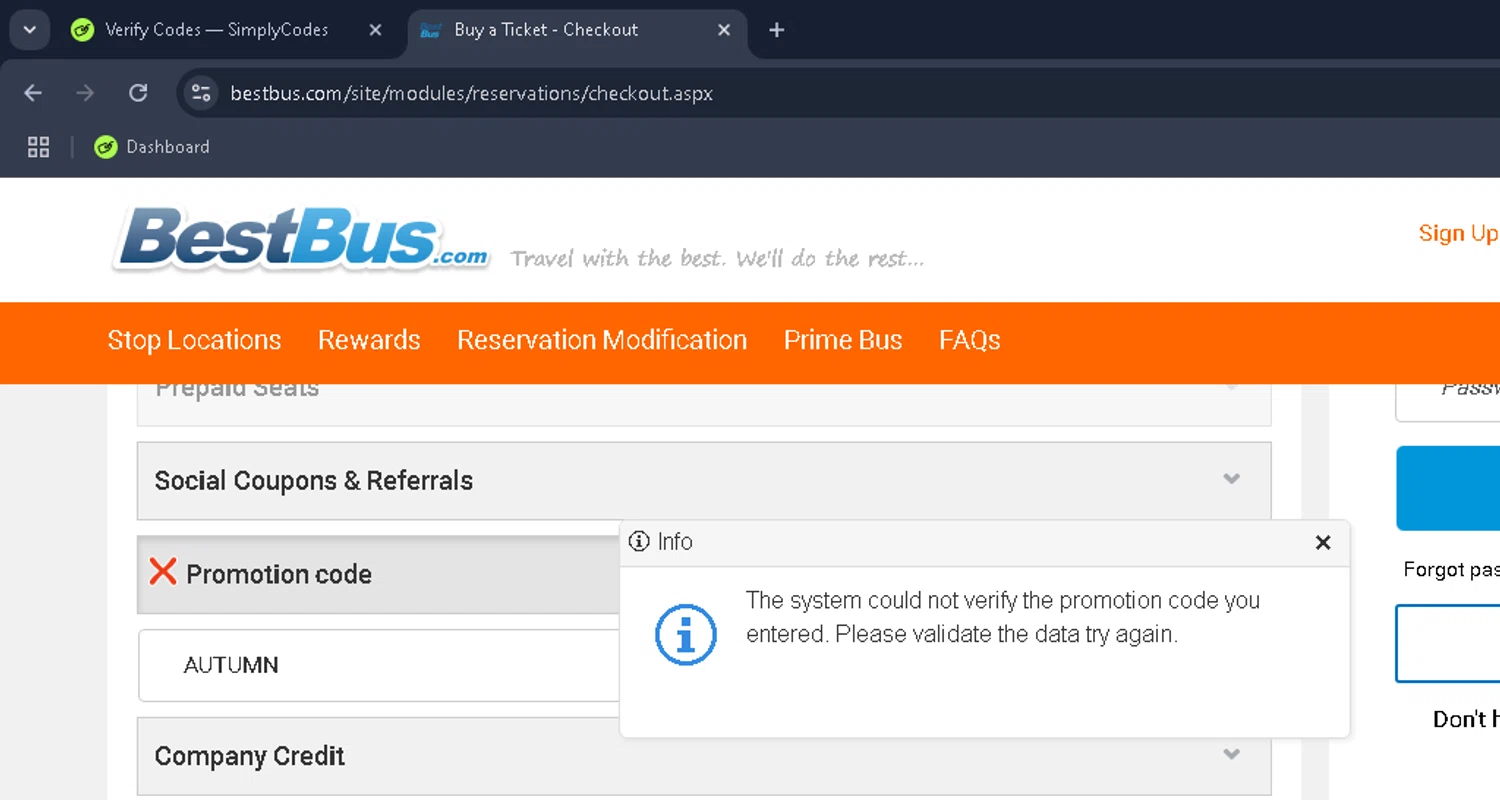 BestBus promo code screenshot showing code AUTUMN applied at BestBus checkout page. Uploaded by SimplyCodes community member Rengoku on Mar 11, 2025