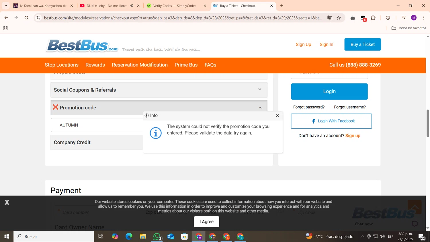 BestBus promo code screenshot showing code AUTUMN applied at BestBus checkout page. Uploaded by SimplyCodes community member cod_gakpo on Mar 27, 2025