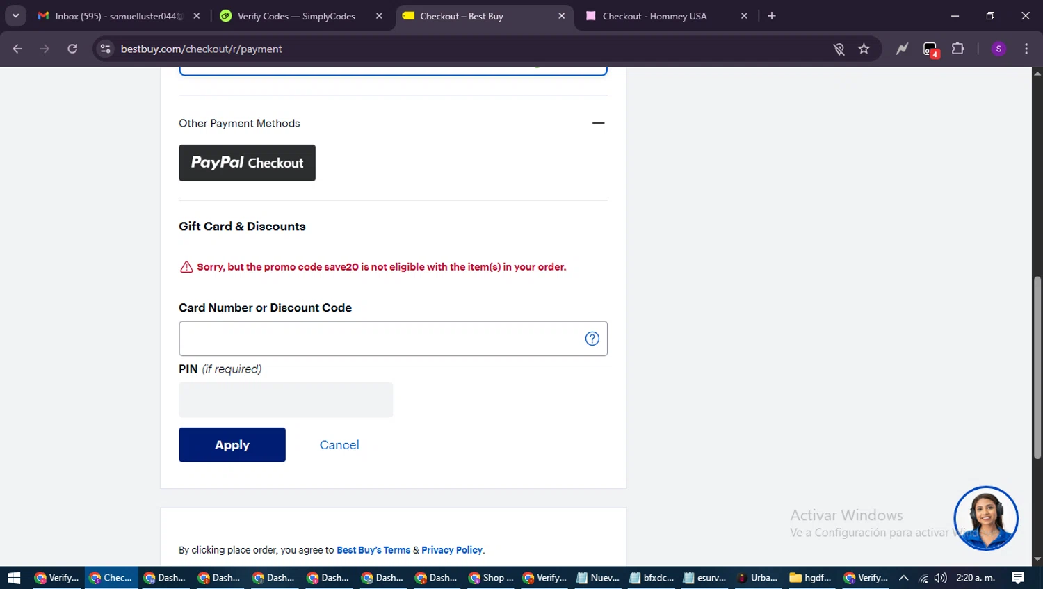 Best Buy discount code screenshot showing code SAVE20 applied at Best Buy checkout page. Uploaded by SimplyCodes community member ShieldWarden7838 on Aug 27, 2025