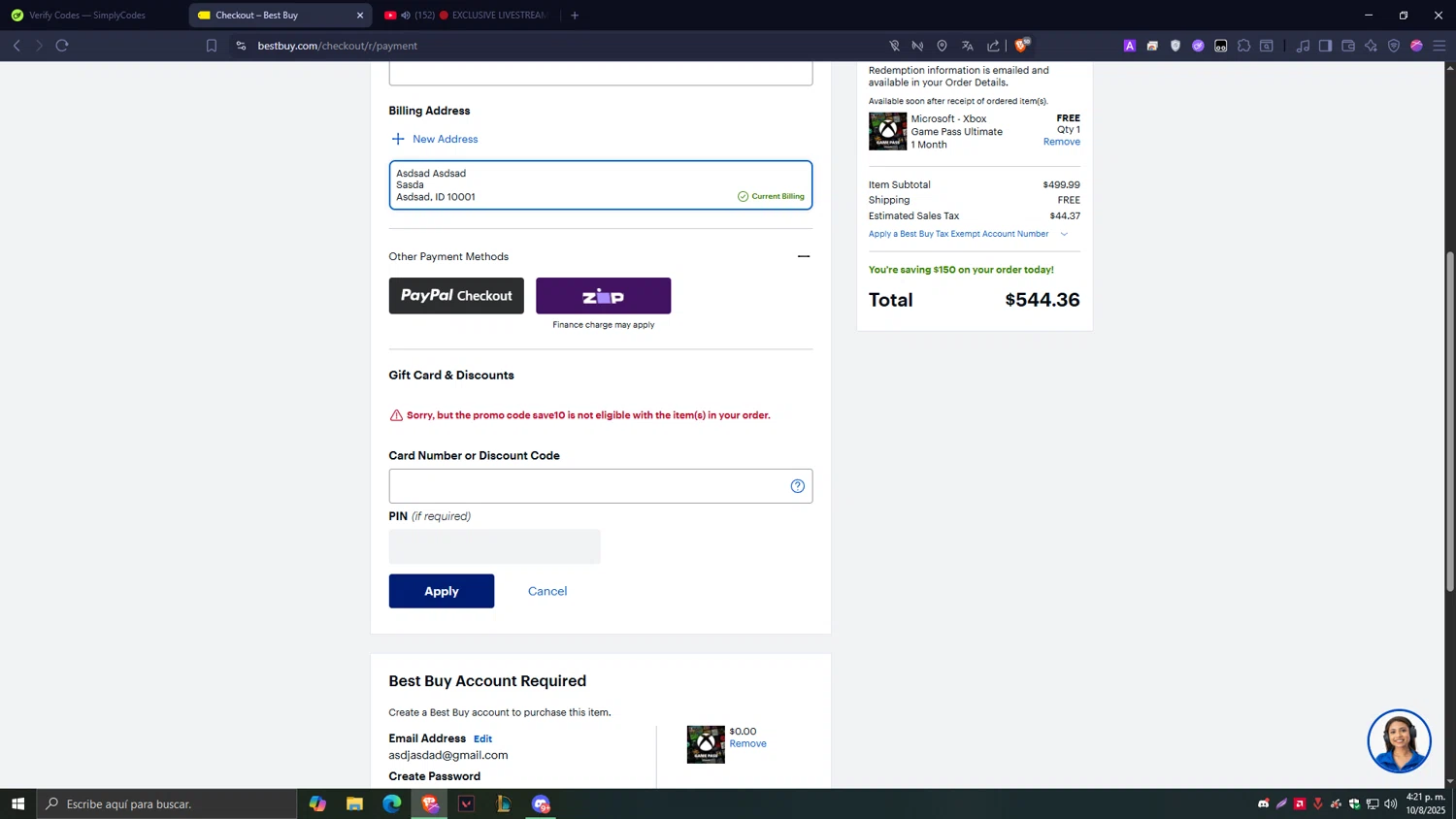 Best Buy discount code screenshot showing code SAVE10 applied at Best Buy checkout page. Uploaded by SimplyCodes community member Tragedy on Aug 10, 2025
