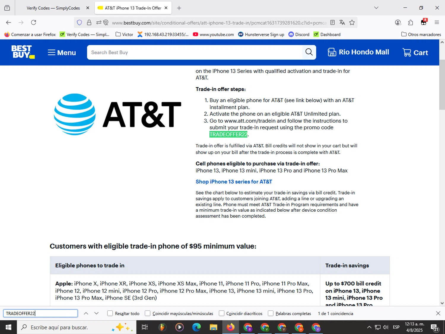 Best Buy discount code screenshot showing code TRADEOFFER22 applied at Best Buy checkout page. Uploaded by SimplyCodes community member Garou_Y2K on Aug 4, 2025