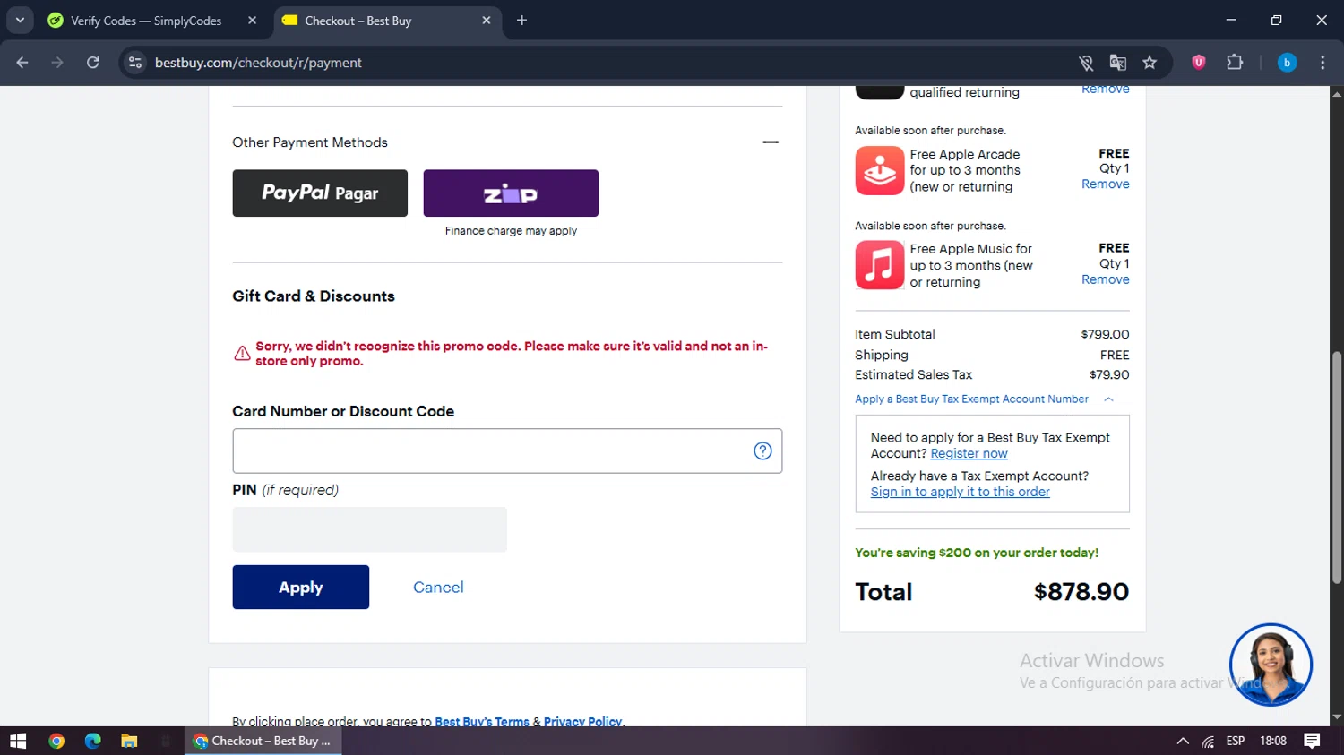 Best Buy discount code screenshot showing code LETSFLOW10 applied at Best Buy checkout page. Uploaded by SimplyCodes community member bilijr on Aug 7, 2025