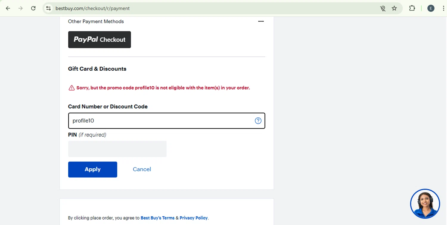 Best Buy discount code screenshot showing code profile10 applied at Best Buy checkout page. Uploaded by SimplyCodes community member SilverKnight4465 on Aug 22, 2025