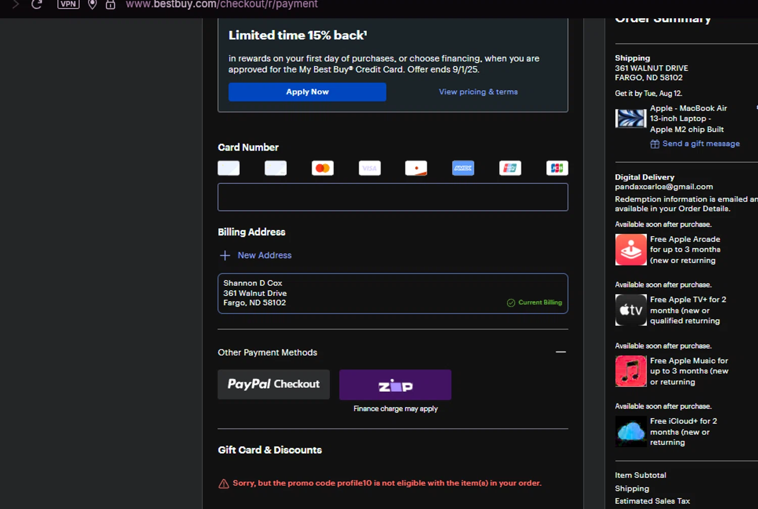 Best Buy discount code screenshot showing code profile10 applied at Best Buy checkout page. Uploaded by SimplyCodes community member chepipi on Aug 11, 2025