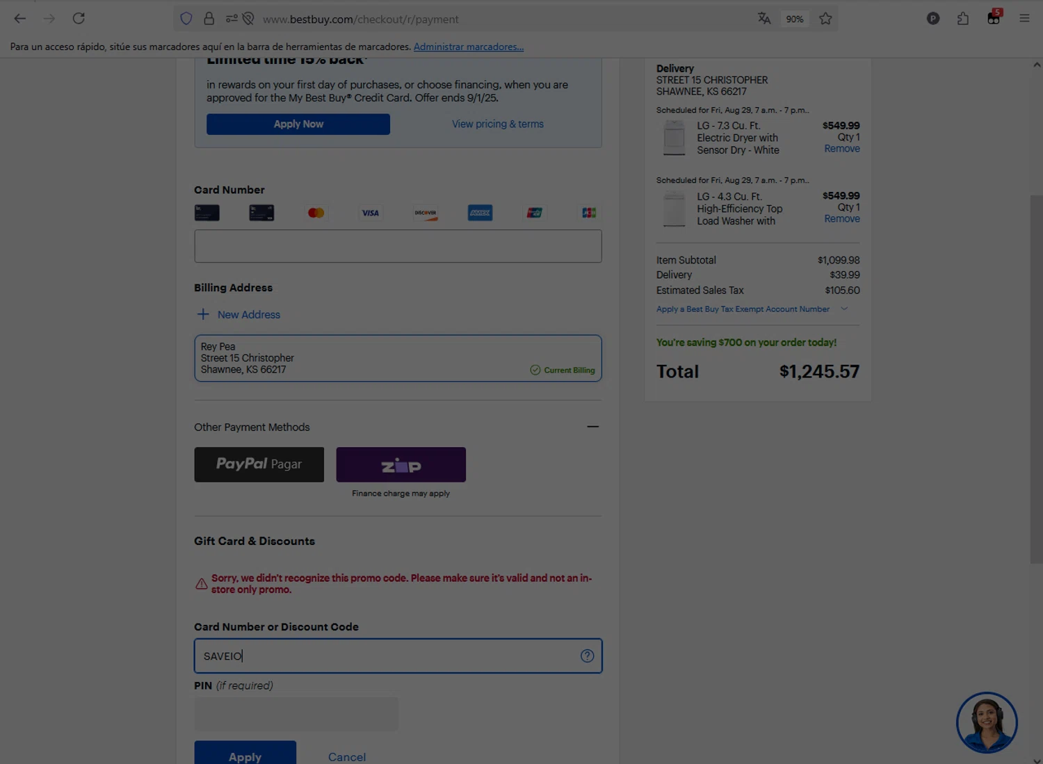 Best Buy discount code screenshot showing code SAVEIO applied at Best Buy checkout page. Uploaded by SimplyCodes community member CleverFox1674 on Aug 28, 2025