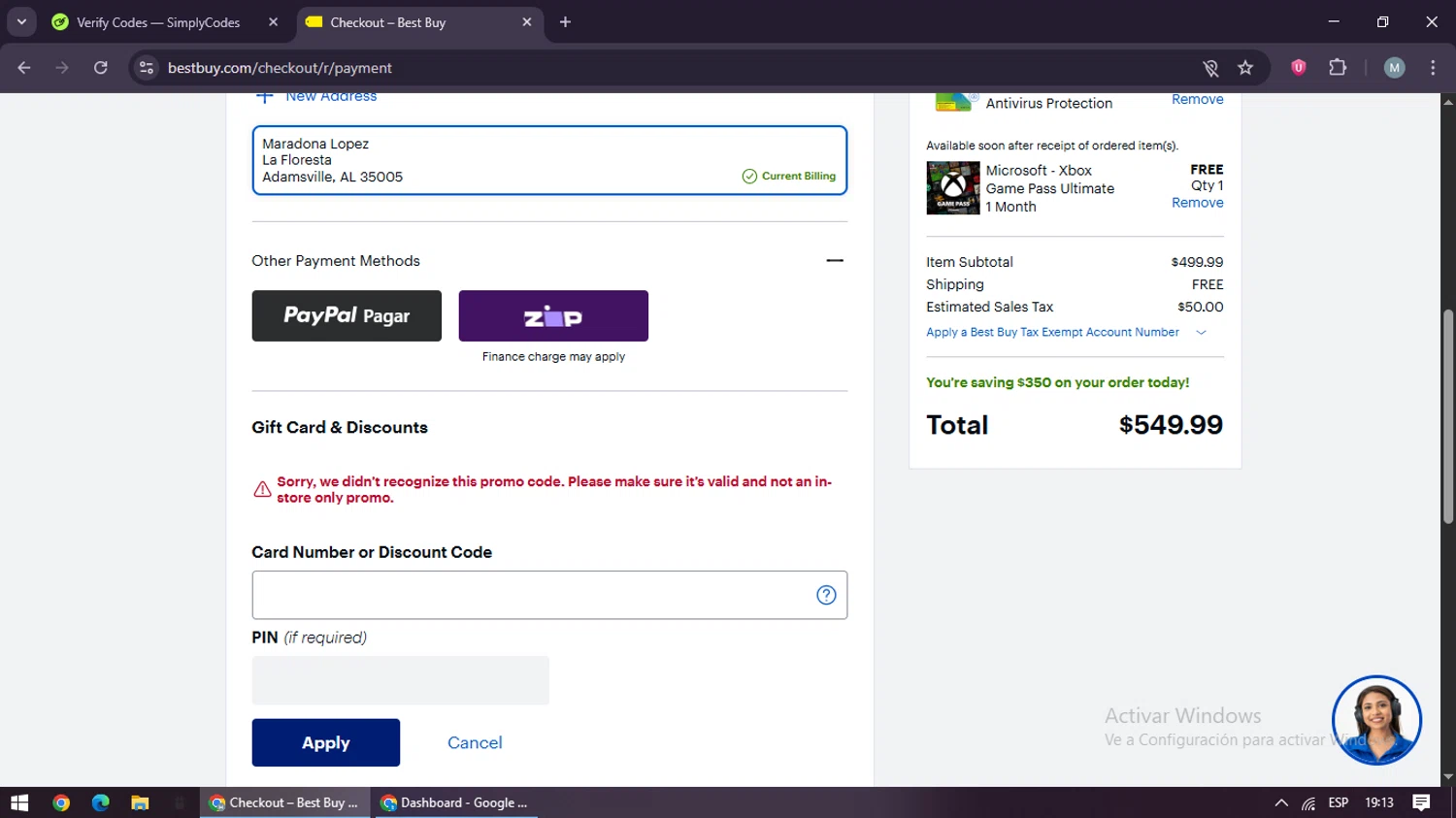 Best Buy discount code screenshot showing code SAVEIO applied at Best Buy checkout page. Uploaded by SimplyCodes community member maraxo on Aug 27, 2025