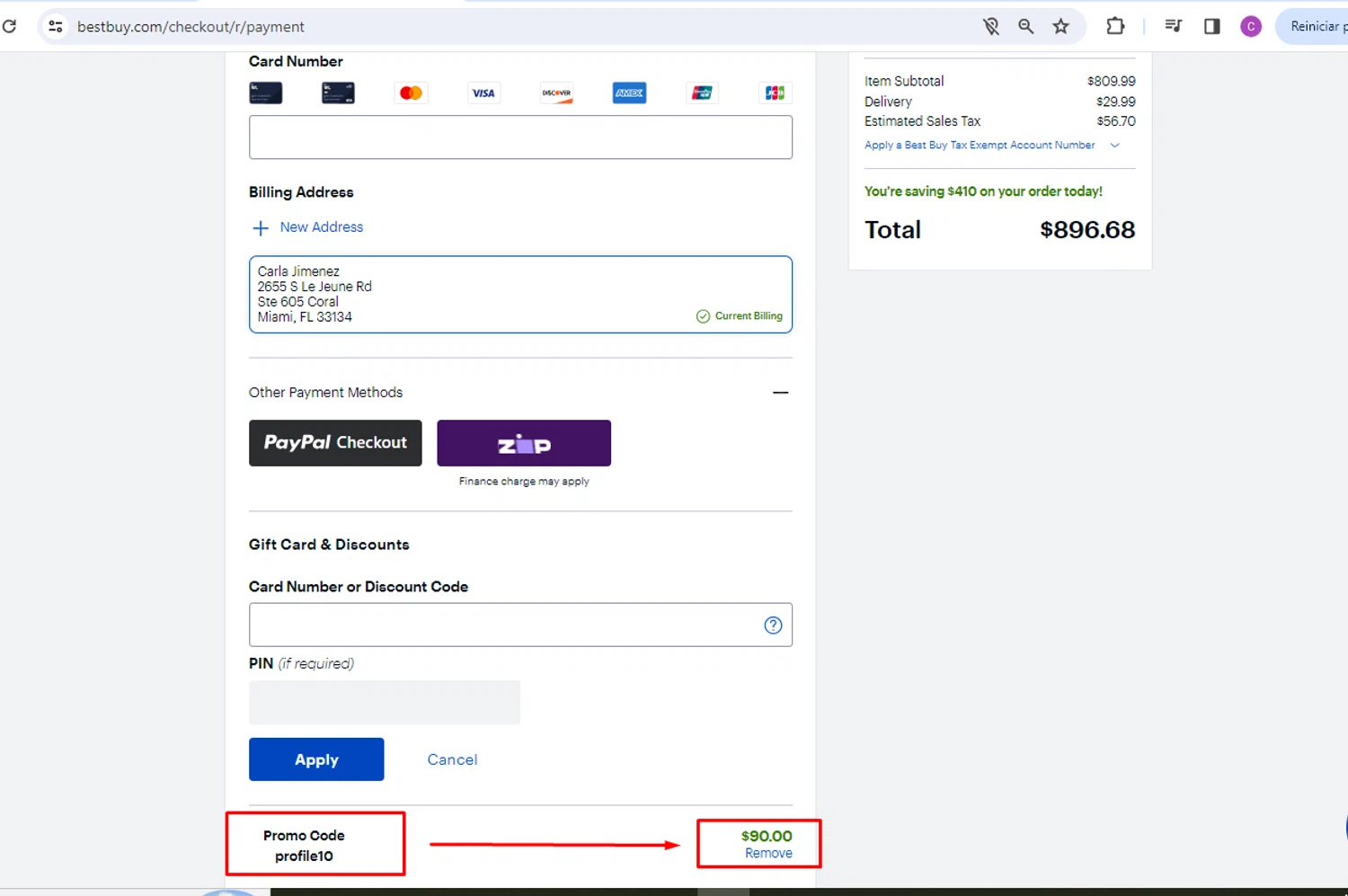 Best Buy discount code screenshot showing code profile10 applied at Best Buy checkout page. Uploaded by SimplyCodes community member nileskamarcano on Jul 28, 2025