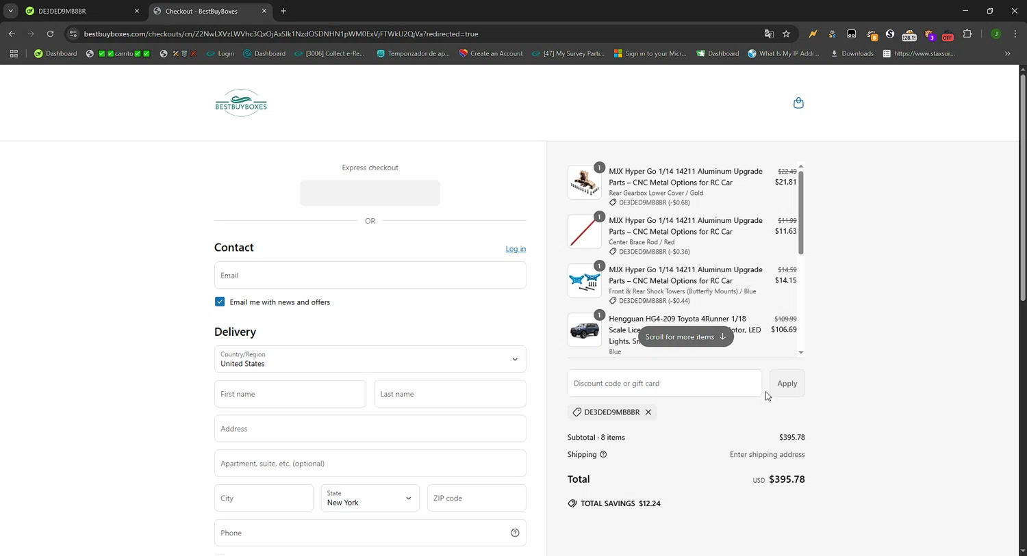 Best Buy Boxes discount code screenshot showing code DE3DED9MB8BR applied at Best Buy Boxes checkout page. Uploaded by SimplyCodes community member FortunateWizard717 on Jun 19, 2025