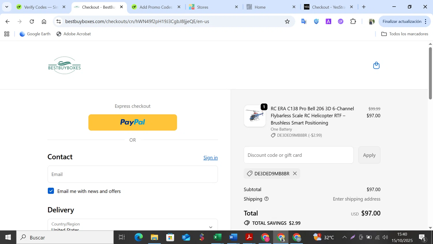Best Buy Boxes discount code screenshot showing code DE3DED9MB8BR applied at Best Buy Boxes checkout page. Uploaded by SimplyCodes community member NobleMonarch5837 on Oct 15, 2025