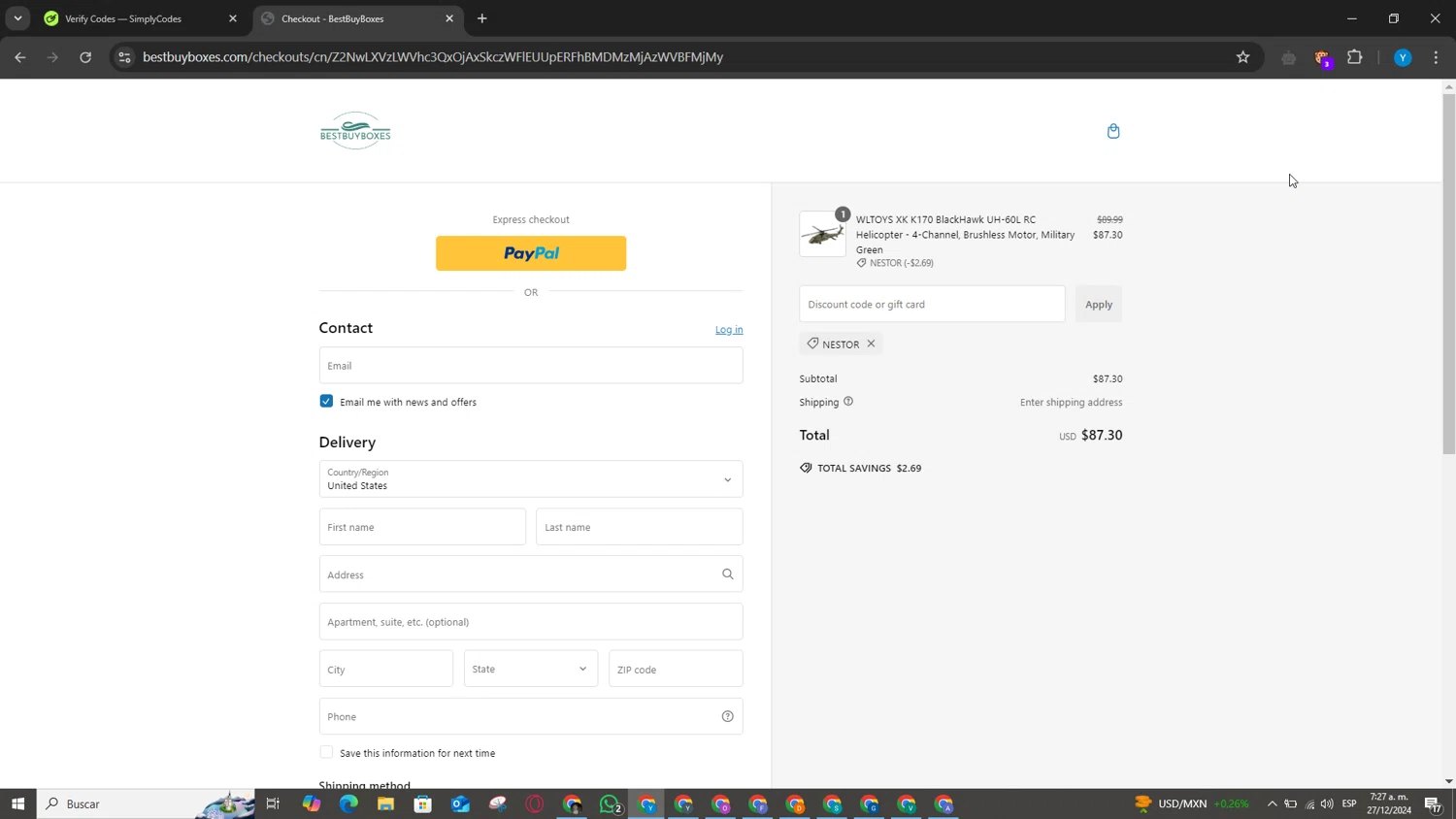 Best Buy Boxes discount code screenshot showing code NESTOR applied at Best Buy Boxes checkout page. Uploaded by SimplyCodes community member QuestMaven2378 on Dec 27, 2024
