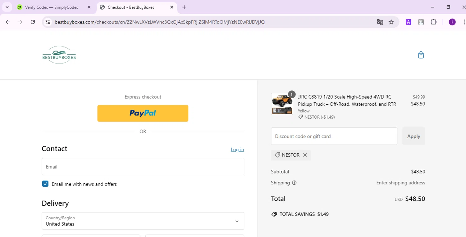 Best Buy Boxes discount code screenshot showing code NESTOR applied at Best Buy Boxes checkout page. Uploaded by SimplyCodes community member SalePro7215 on Jan 25, 2025