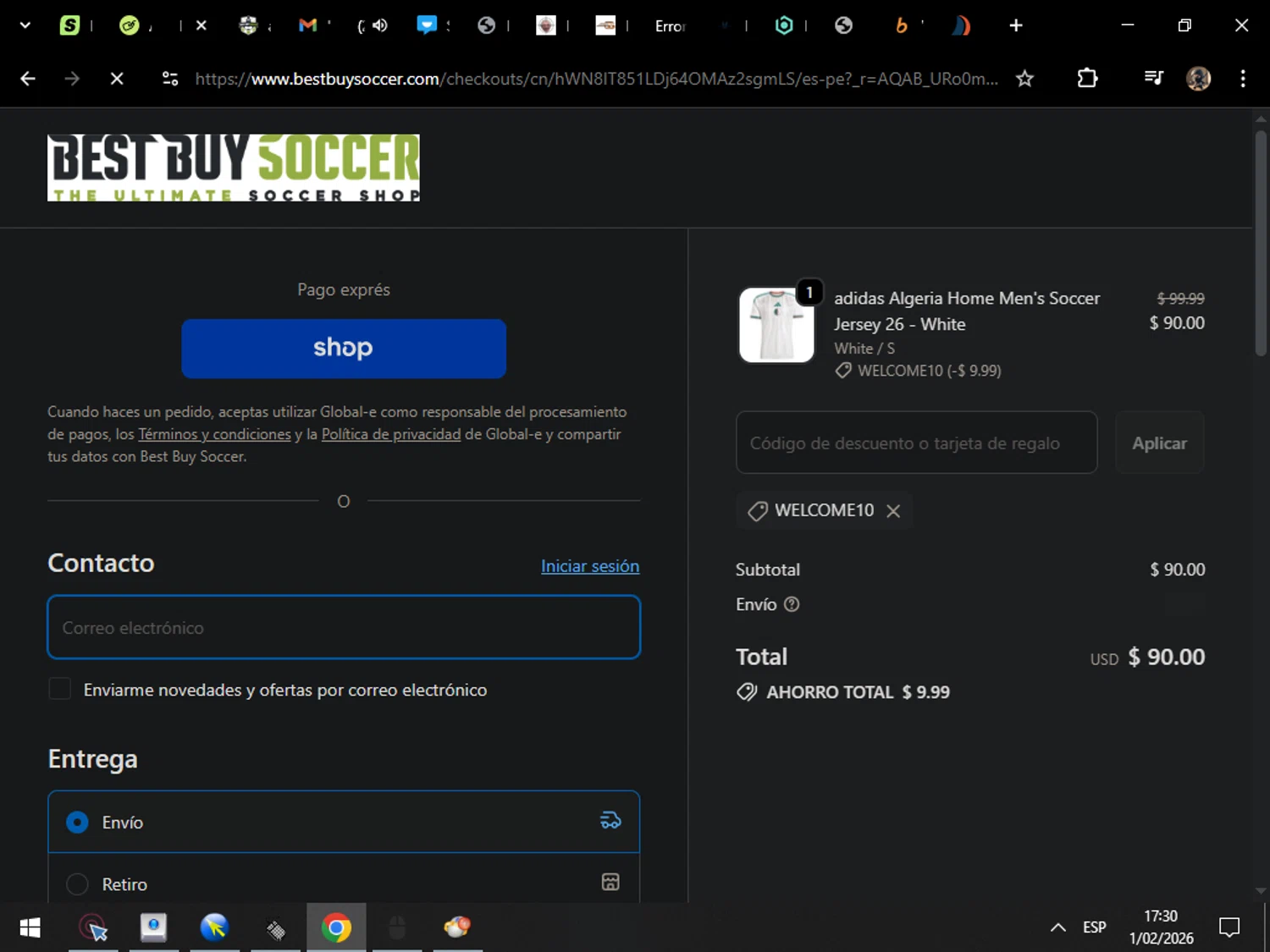 Best Buy Soccer discount code screenshot showing code WELCOME10 applied at Best Buy Soccer checkout page. Uploaded by SimplyCodes community member MarcosAranguren on Feb 1, 2026