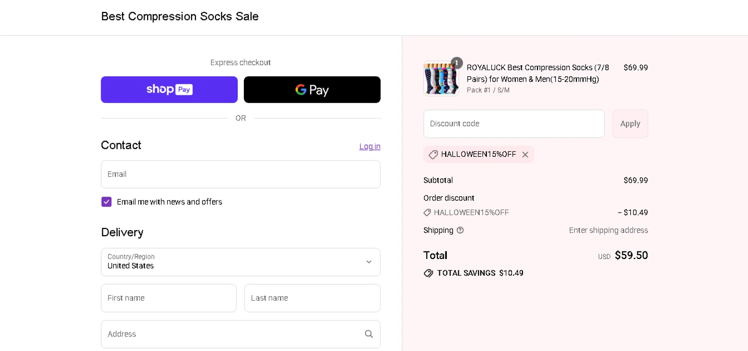 Best Compression Socks Sale discount code screenshot showing code Halloween15%off applied at Best Compression Socks Sale checkout page. Uploaded by SimplyCodes community member xHRxUltrax on Aug 26, 2025