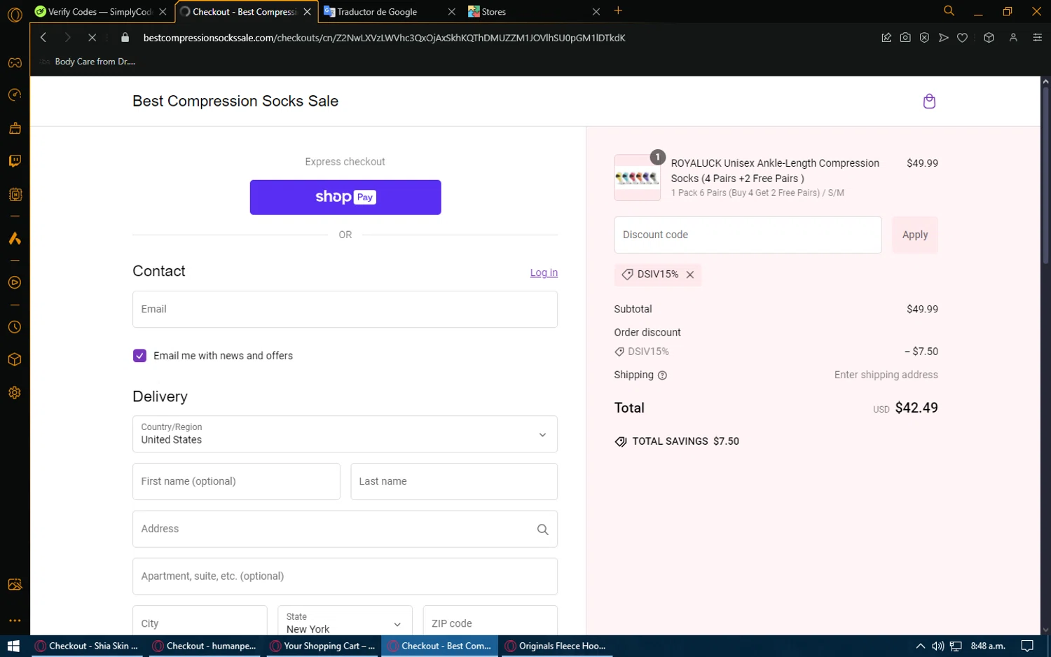 Best Compression Socks Sale discount code screenshot showing code DSIV15% applied at Best Compression Socks Sale checkout page. Uploaded by SimplyCodes community member SrSolomon on Jan 14, 2025
