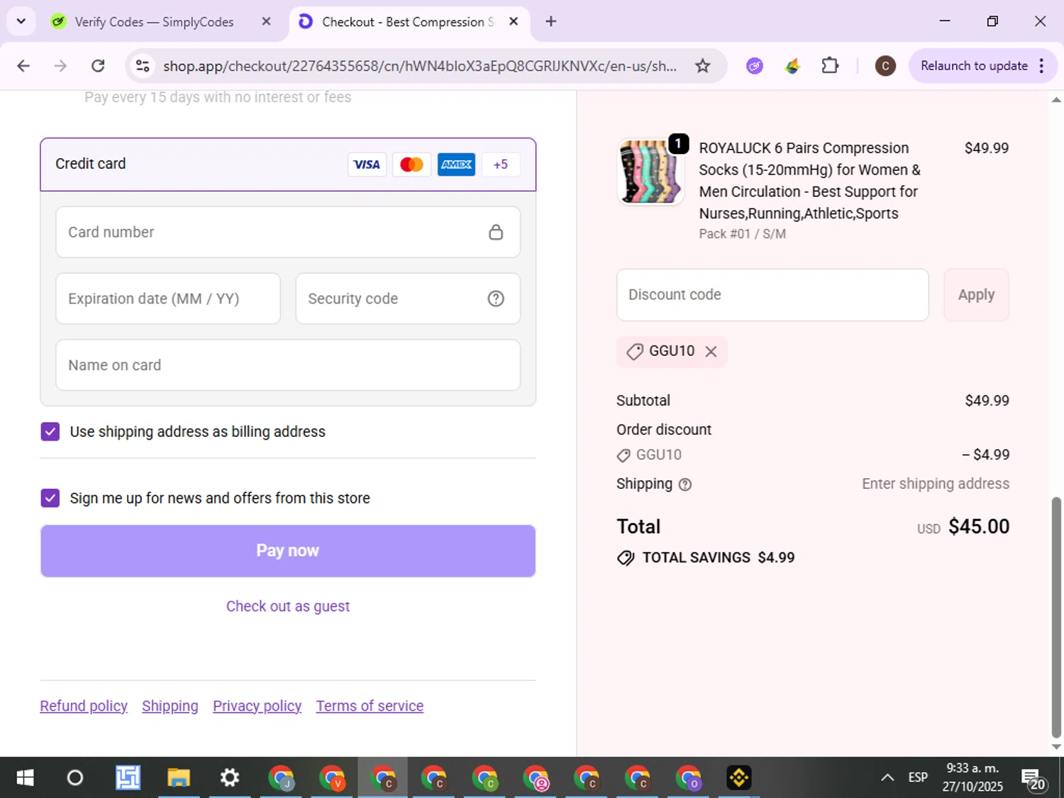 Best Compression Socks Sale discount code screenshot showing code GGU10 applied at Best Compression Socks Sale checkout page. Uploaded by SimplyCodes community member ExtraordinaryPro8536 on Oct 27, 2025