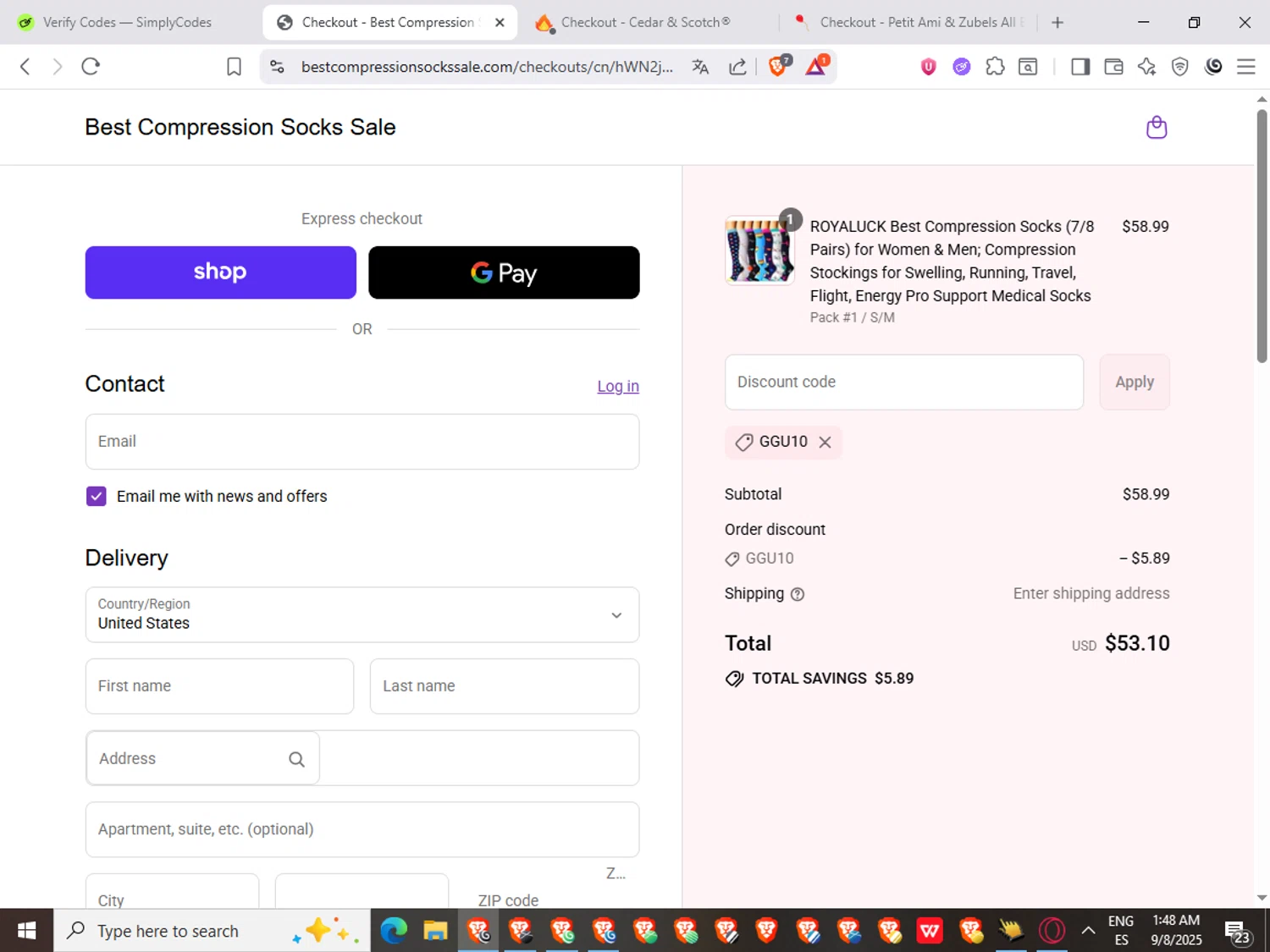 Best Compression Socks Sale discount code screenshot showing code GGU10 applied at Best Compression Socks Sale checkout page. Uploaded by SimplyCodes community member SwiftShopper261 on Sep 8, 2025