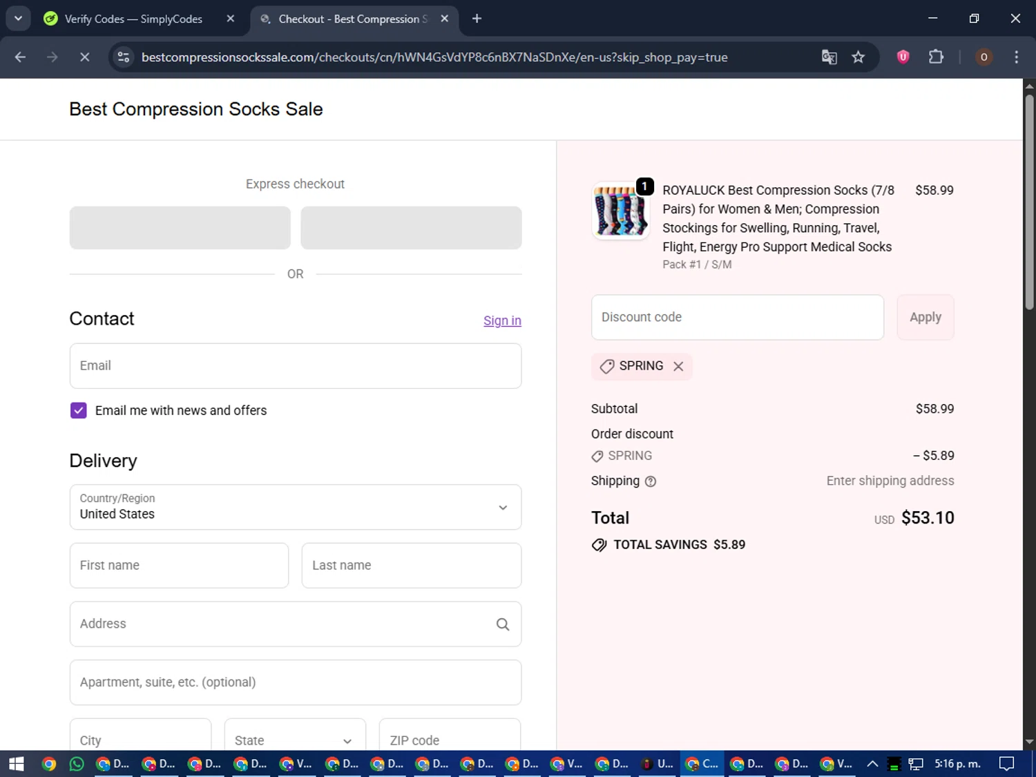 Best Compression Socks Sale discount code screenshot showing code SPRING applied at Best Compression Socks Sale checkout page. Uploaded by SimplyCodes community member LegendaryAdmiral8649 on Oct 18, 2025