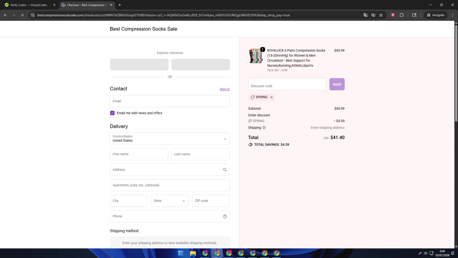 Best Compression Socks Sale discount code screenshot showing code SPRING applied at Best Compression Socks Sale checkout page. Uploaded by SimplyCodes community member SwiftSage2309 on Jan 3, 2026
