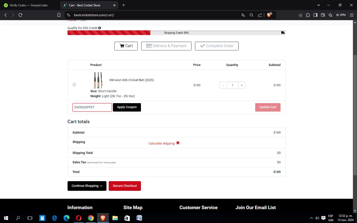 Best Cricket Store checkout page showing Best Cricket Store coupon code box | Screenshot taken by SimplyCodes community member on Nov 13, 2024