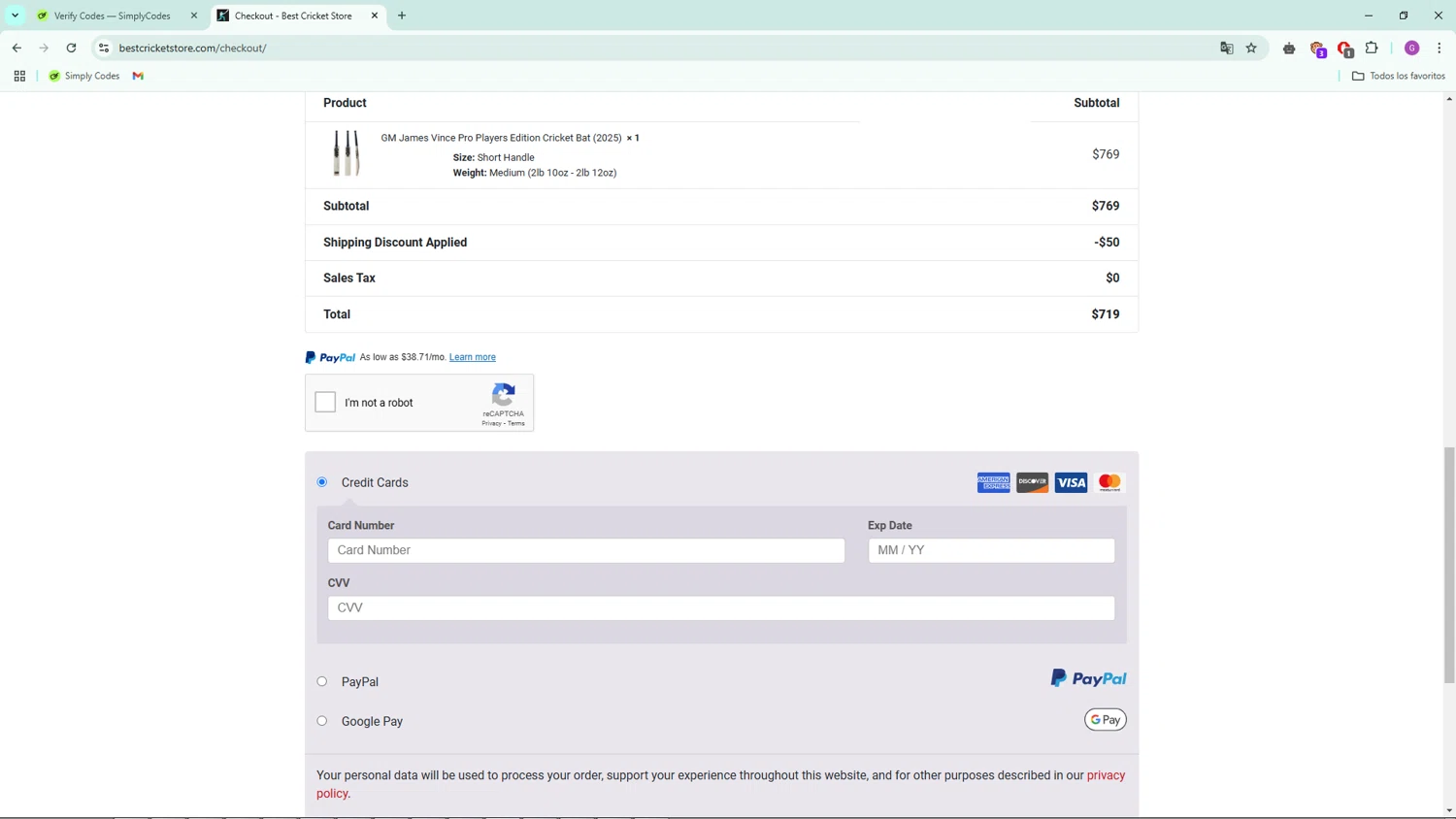 Best Cricket Store checkout page showing Best Cricket Store coupon code box | Screenshot taken by SimplyCodes community member on Nov 14, 2024